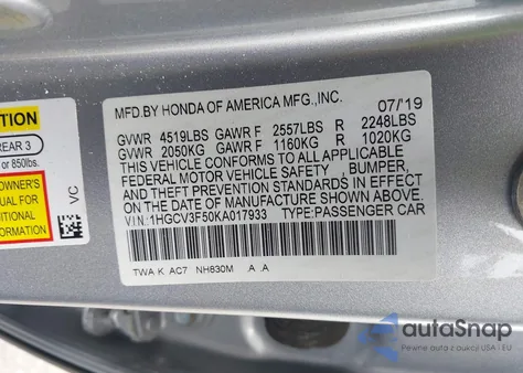 2019 Honda Accord Hybrid Ex-L z USA, uszkodzony, nr VIN 1HGCV3F50KA017933